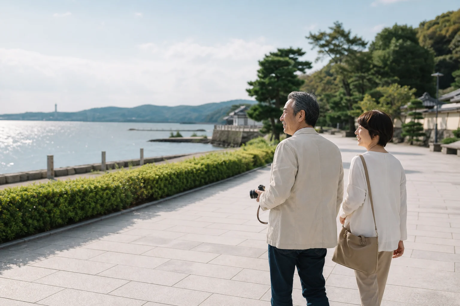 水辺の旅先を軽やかに歩く二人の生成AIによるイメージ