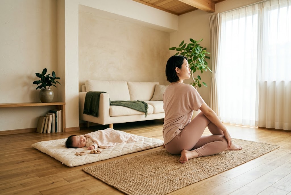 赤ちゃんのそばで穏やかに身体を整える生成AIによるイメージ