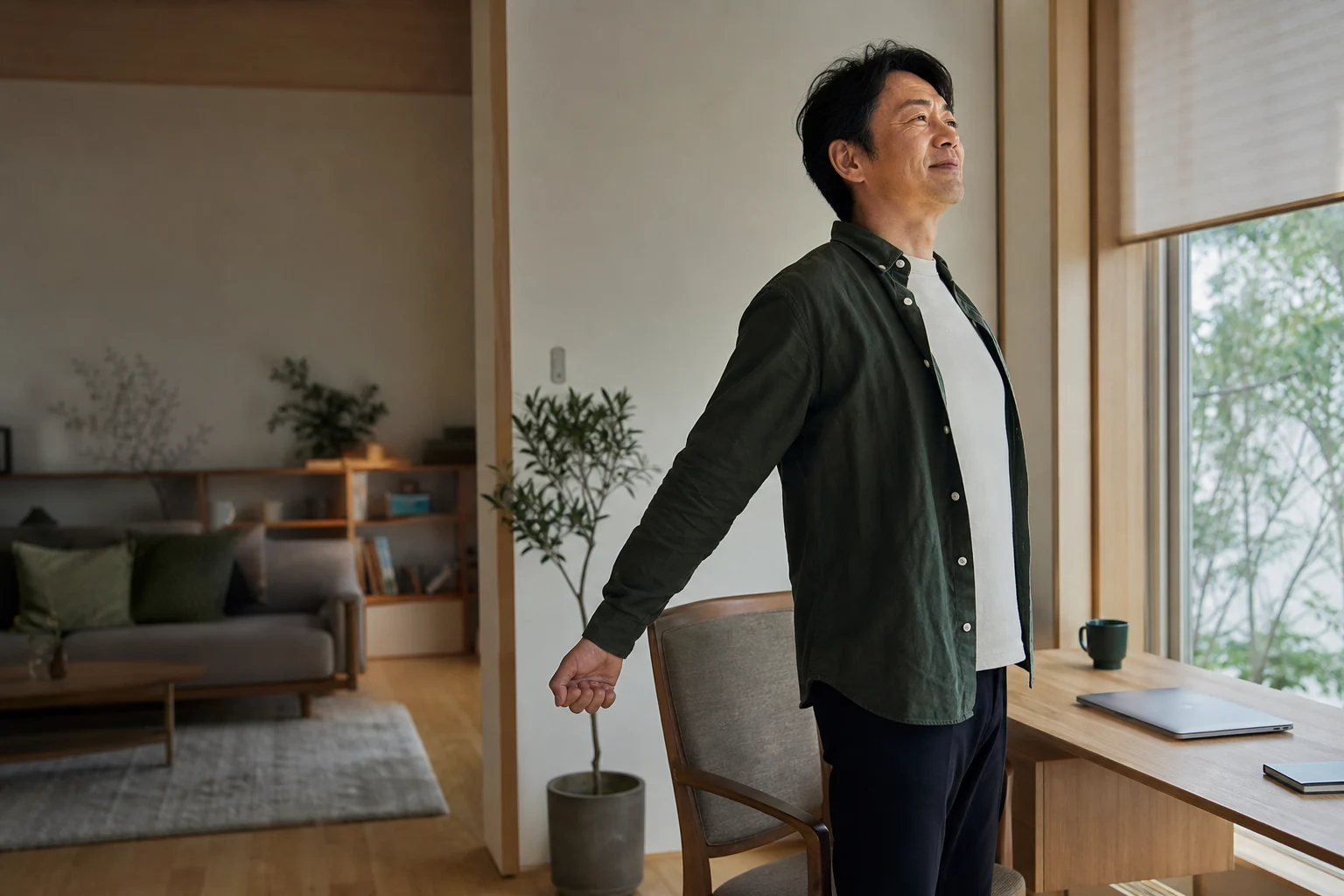 仕事の合間に身体を伸ばす40代男性の生成AIによるイメージ
