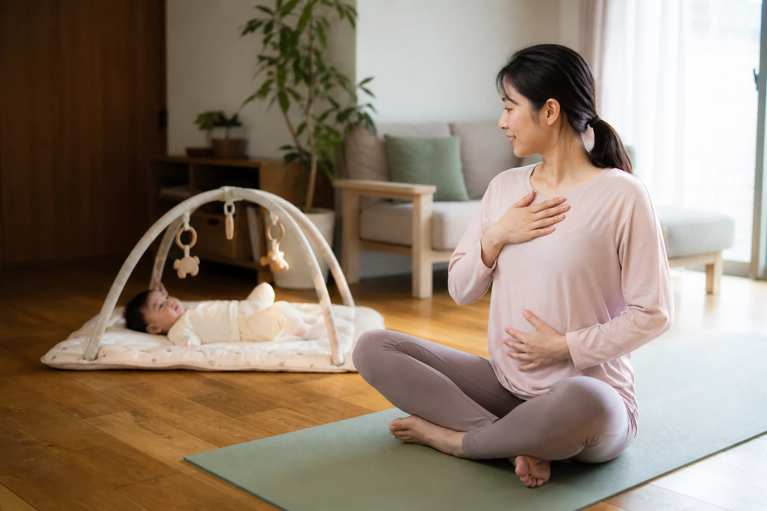 赤ちゃんのそばで呼吸と姿勢を整える女性の生成AIによるイメージ