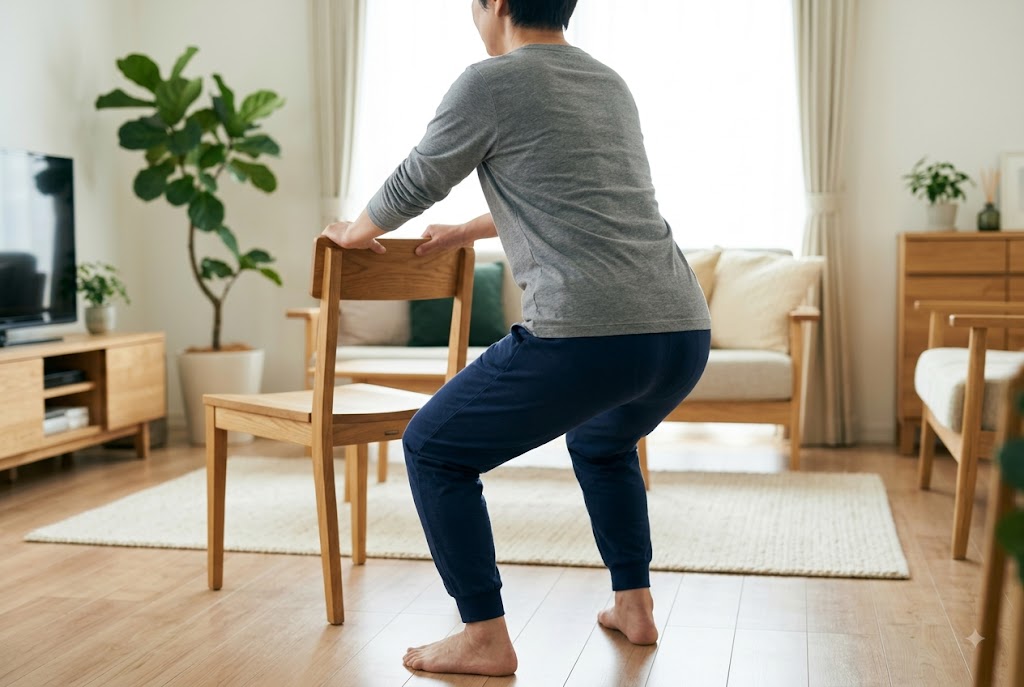 自宅で椅子を使って身体を動かす生成AIによるイメージ