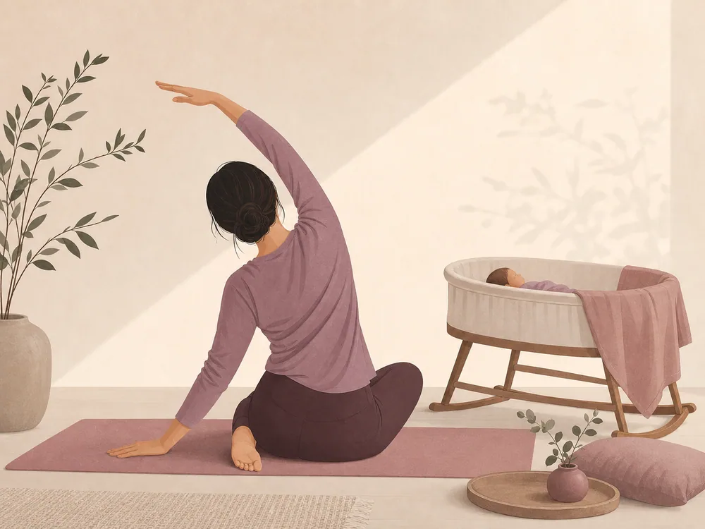 赤ちゃんのそばで穏やかに身体を伸ばす産後女性のイラスト